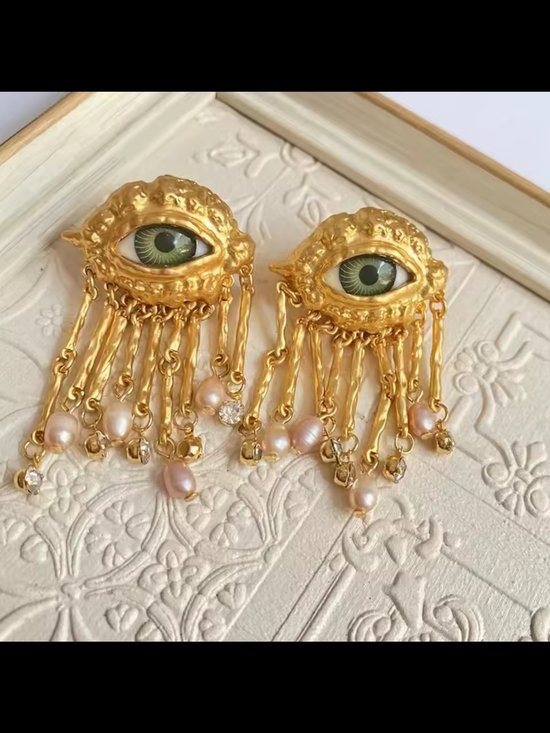 Anthropologie Jewelry - Gold Eye Drop Earrings with Green Iris and Pink Pearls